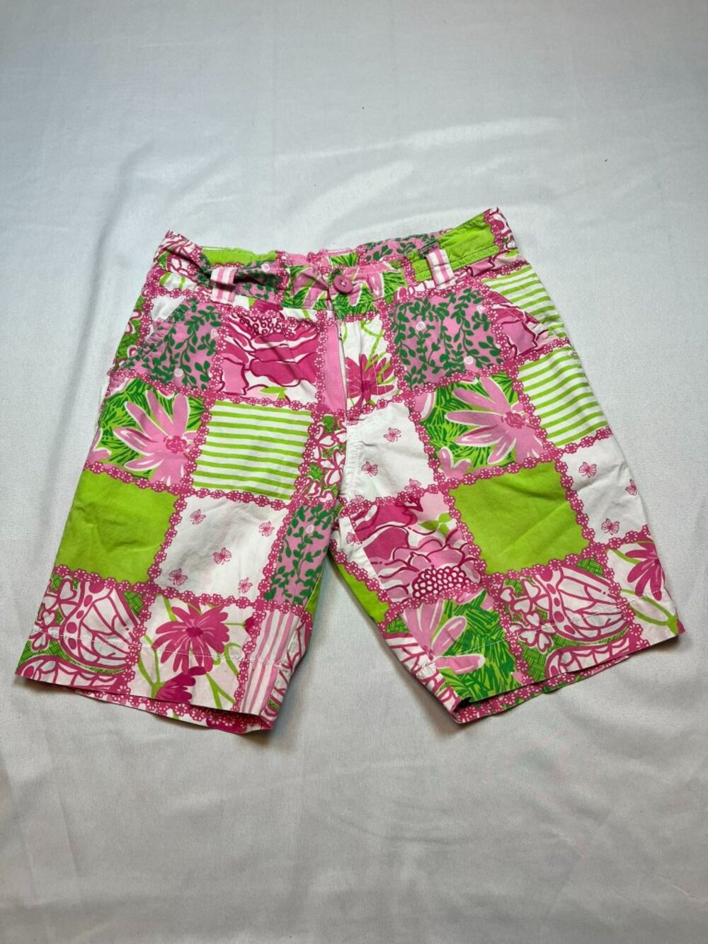 Lilly Pulitzer Girls Size 7 Pink Green Patchwork Floral Stripe Shorts Multi